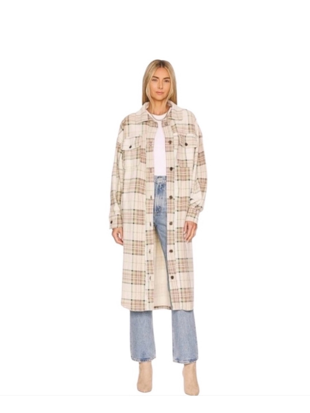 We The Free Long Plaid Trench Coat - Cream & Tan